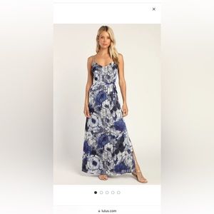 Like new floral blue maxi dress with side slit !